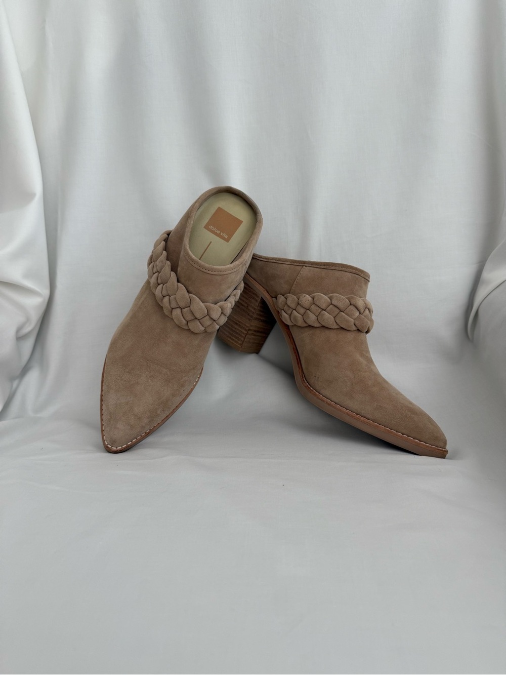 Dolce Vita Taupe Braided Suede Pointed Mule Booties